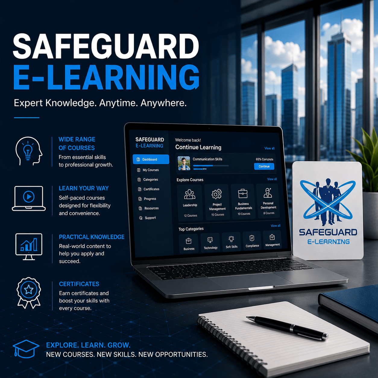Promotional banner for Safeguard E-Learning showing a laptop with the online course dashboard and the tagline 'Expert Knowledge. Anytime. Anywhere.'