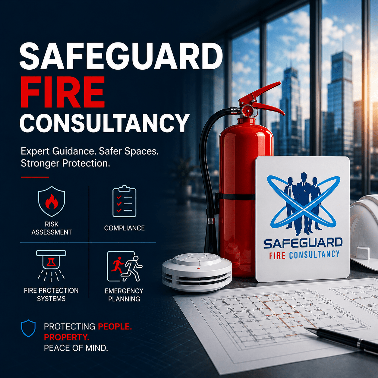 Poster for Safeguard Fire Consultancy featuring a red fire extinguisher, company badge, and cityscape; highlights services like risk assessment, compliance, fire protection systems, and emergency planning.